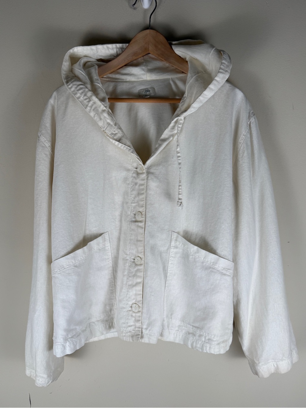 J. Jill Women's Ivory Linen Hooded Lined Casual Jacket Pockets Size XL NOTES